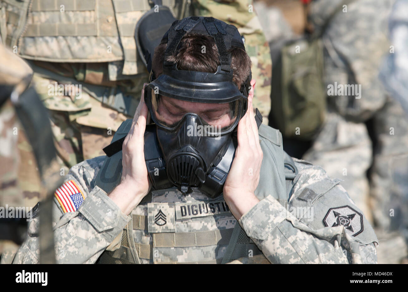 A U.S. Army Reserve Soldier clears an M50, Joint Service General Purpose Mask during chemical, biological, radiological and nuclear defense training at the Combat Support Training Exercise (CSTX) 78-18-03 at Fort Knox, Kentucky, March 15, 2018. CSTX 78-18-03 is a training exercise that ensures America's Army Reserve units and Soldiers are trained and ready to deploy on short-notice and bring capable, combat-ready and lethal firepower in support of the Army and our joint partners anywhere in the world. (U.S. Army Reserve photo by Spc. Torrance Saunders) Stock Photo