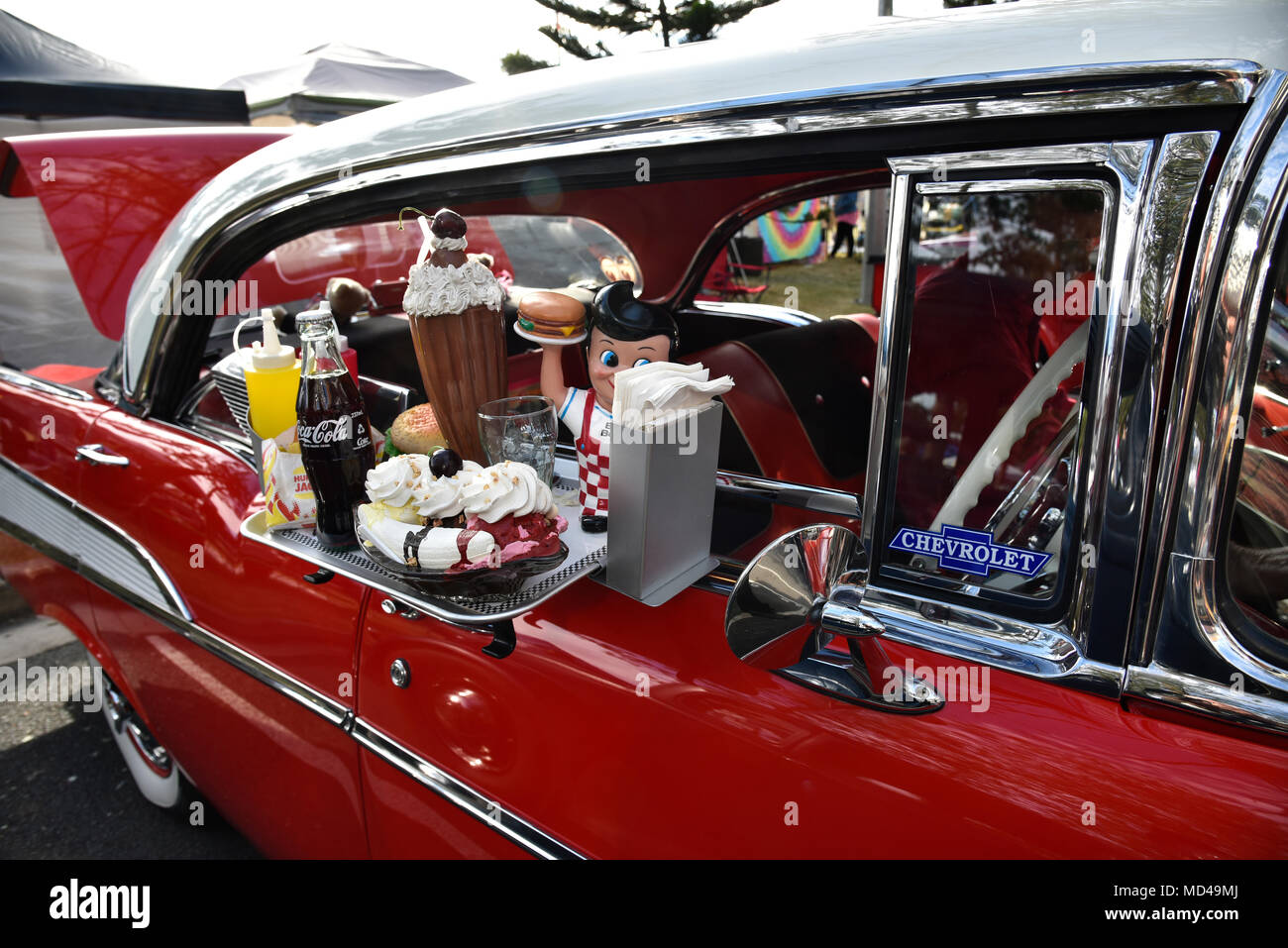 Fake food on car hop window tray Stock Photo