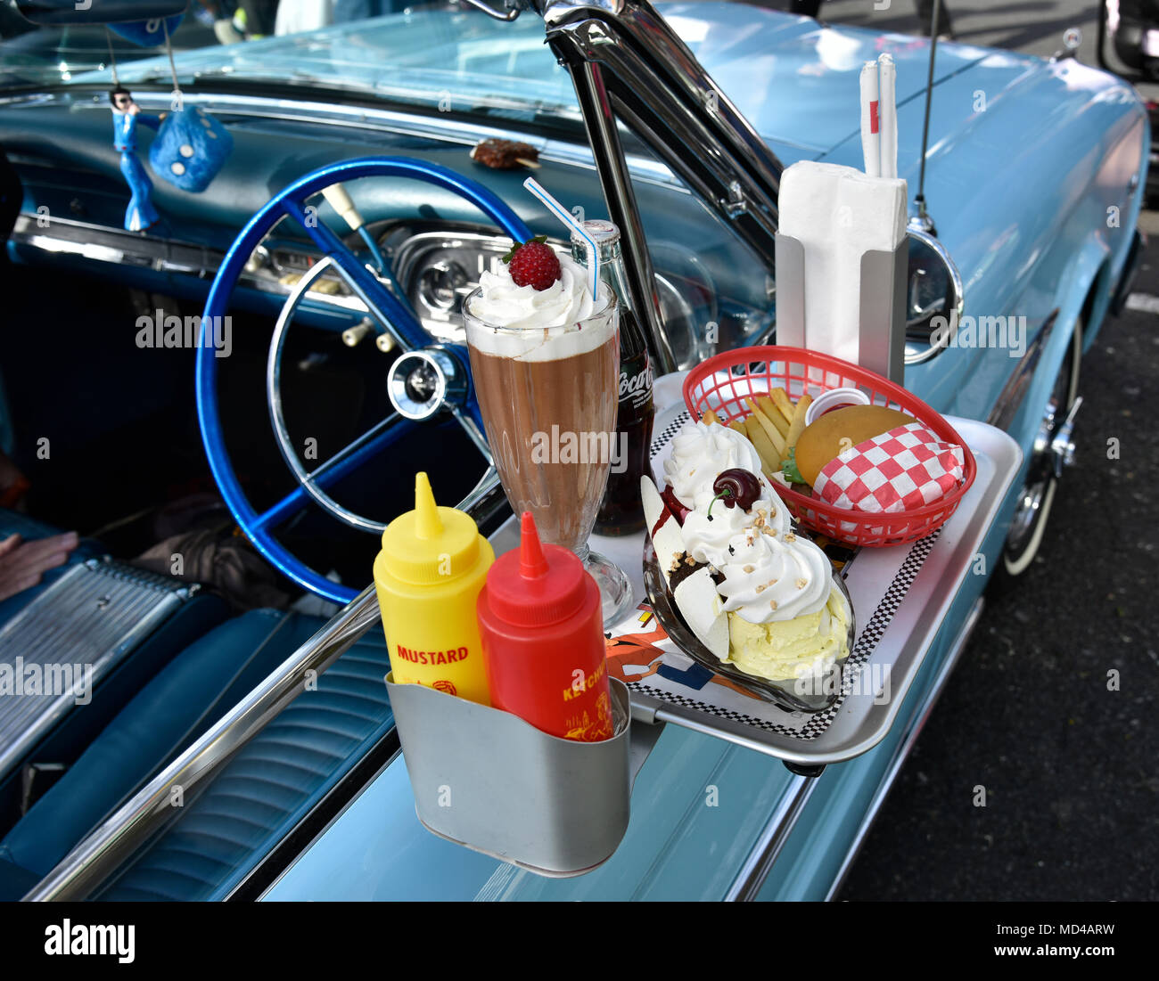 Fake food on car hop window tray Stock Photo