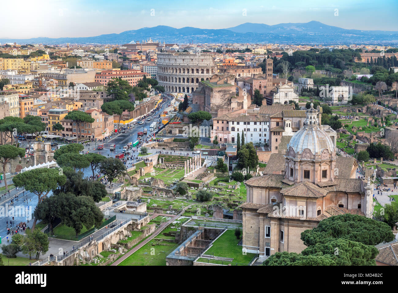 Rome skyline with Rome Colosseum and Roman Forum, Italy. Stock Photo