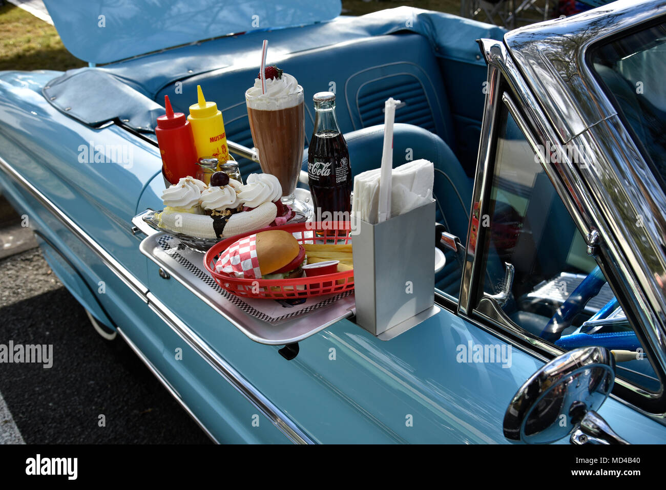 Fake food on car hop window tray Stock Photo