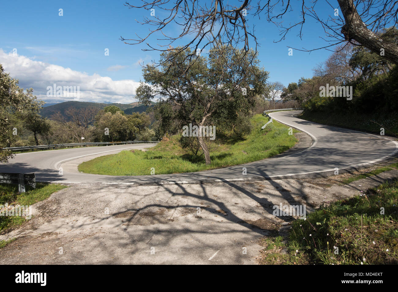 Hairpin Bend Winding Road Through Spanish Countryside No Traffic