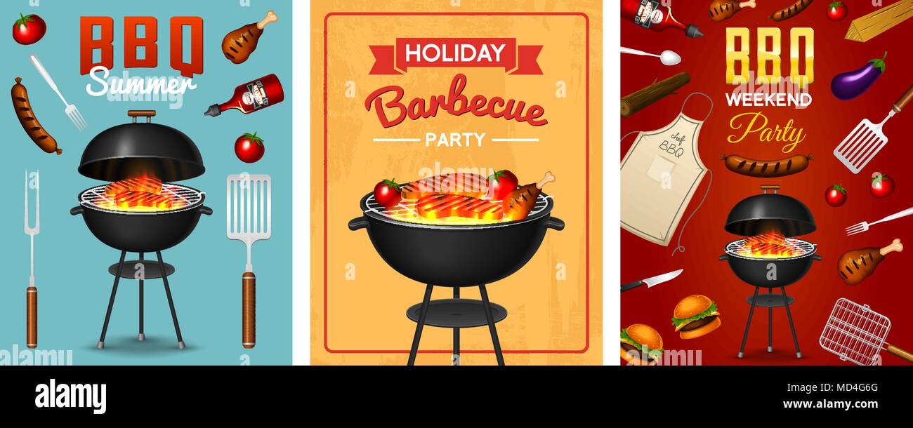 Barbecue grill elements set isolated on red background. BBQ party ...