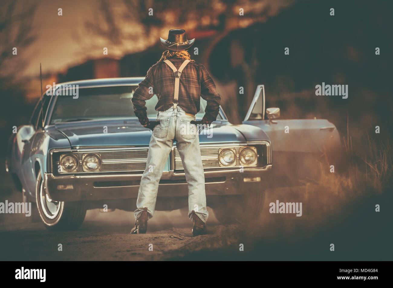 American Wild West Classic Car Ride and the Cowboy. Retro Car Theme