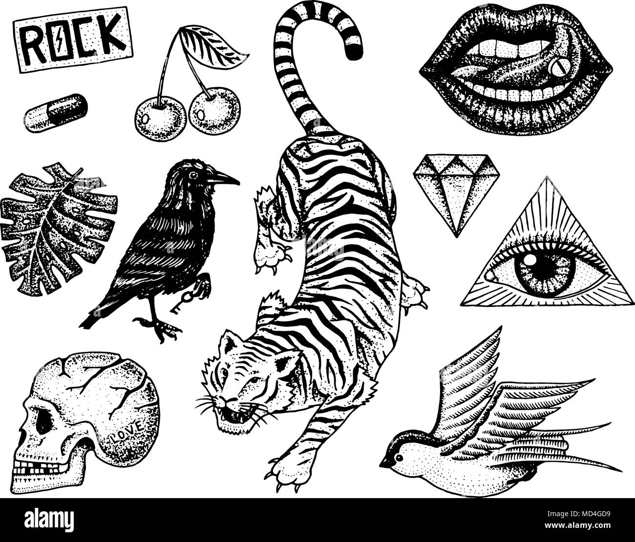Set of Fashion patches. Tattoo artwork for Girls. Tiger and lips, skull and  eye in the triangle. Engraved hand drawn in old vintage sketch. Vector  surreal illustration, badges, print for t-shirt Stock