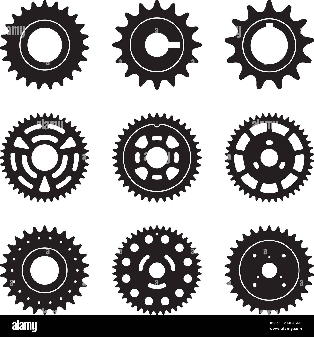 Different kinds of sprocket wheels. Silhouette vector Stock Vector