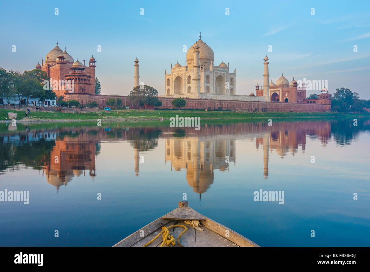 Boat ride on Yamuna river near Taj Mahal Stock Photo