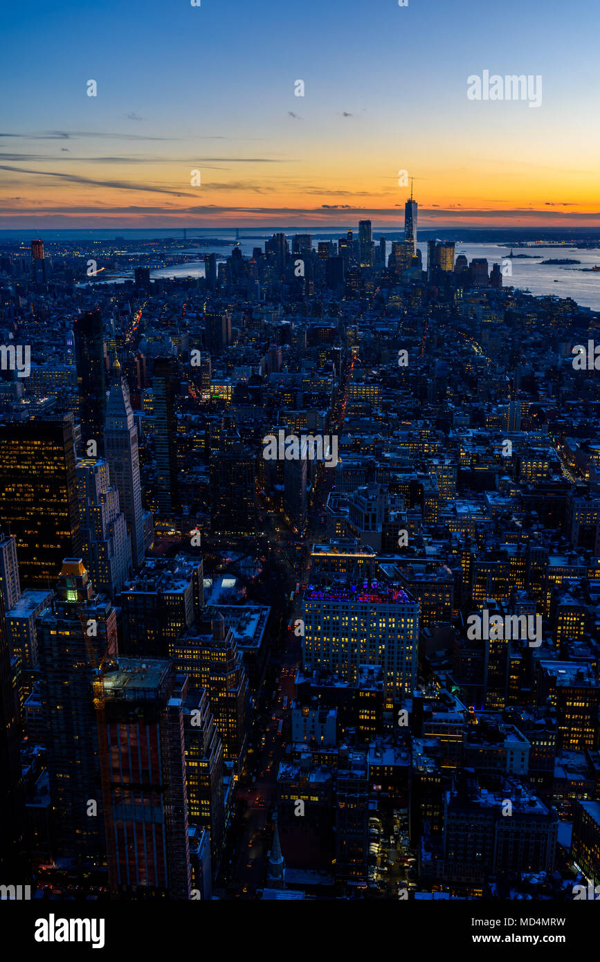 New York City - Manhattan downtown skyline skyscrapers at night and ...