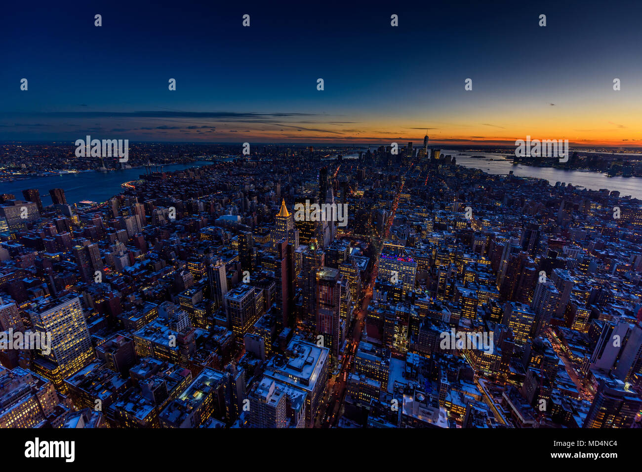 New York City - Manhattan downtown skyline skyscrapers at night and ...