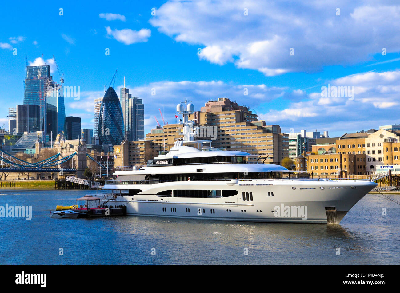 Superyacht 'Global' moored on the River Thames, London, England, UK Stock Photo