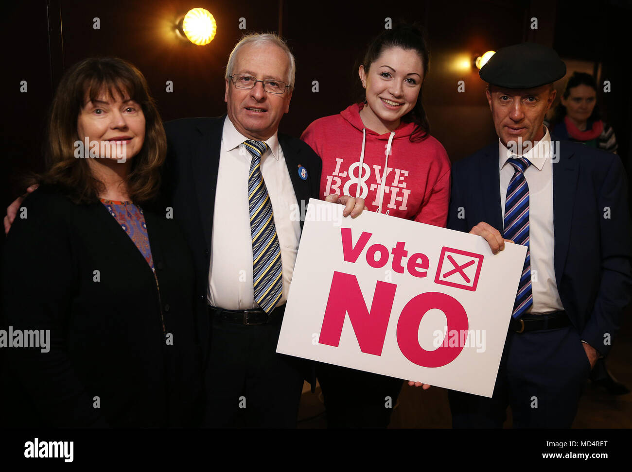 Legal consultant Caroline Simons (left) with TD's Mattie McGrath and Michael Healy Rae (right) and campaigner Brigit Hirsch at the launch of the LoveBoth "Vote No" campaign at The Alex Hotel, Dublin, ahead of the referendum on the Eighth Amendment on May 25. Stock Photo