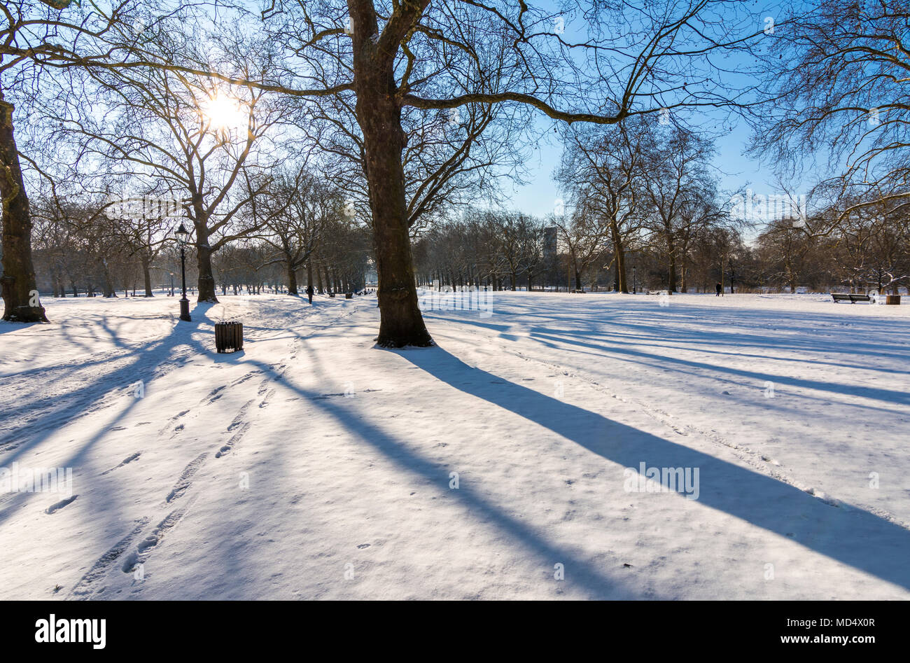 London, UK - February 2, 2018: Snow in Green Park, London Stock Photo