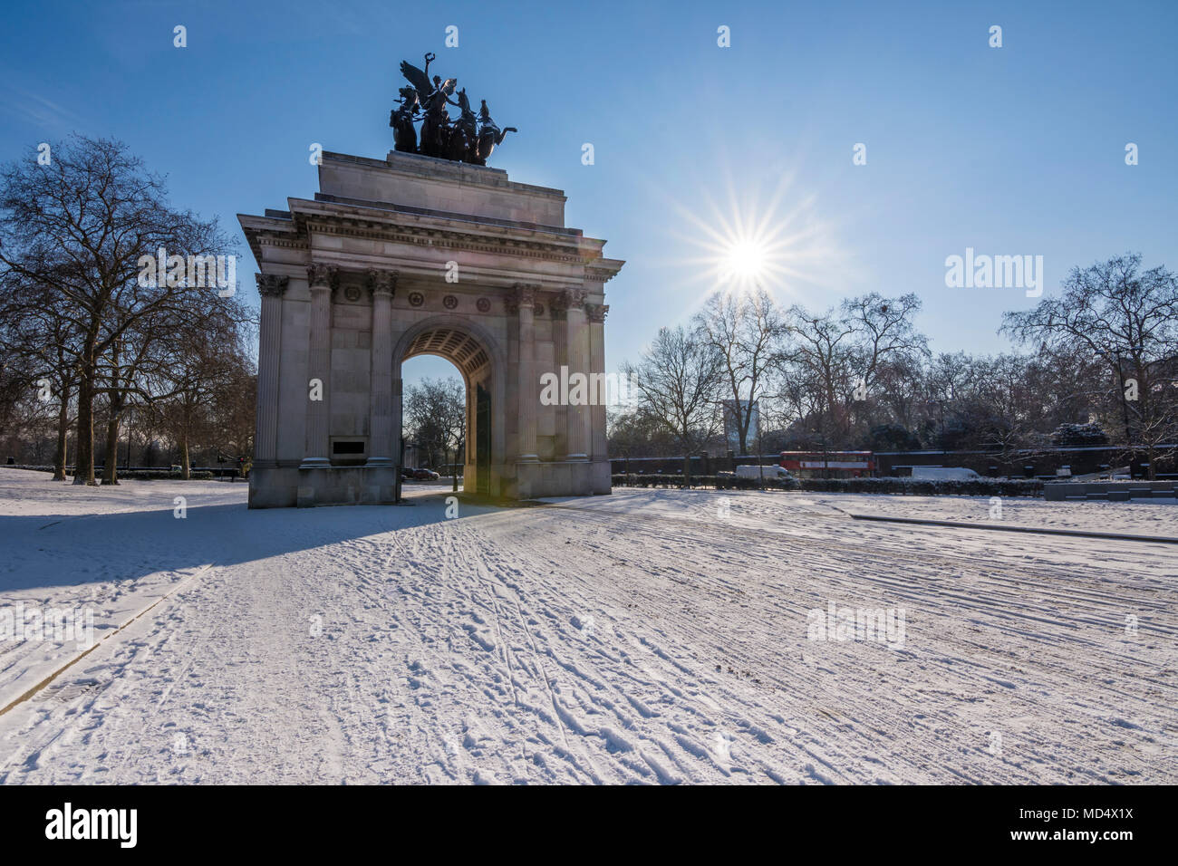 London, UK - February 2, 2018: Snow at constitution hill and Wellington Archp Stock Photo