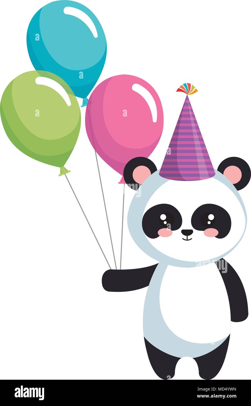 cute panda bear with hat and balloons 