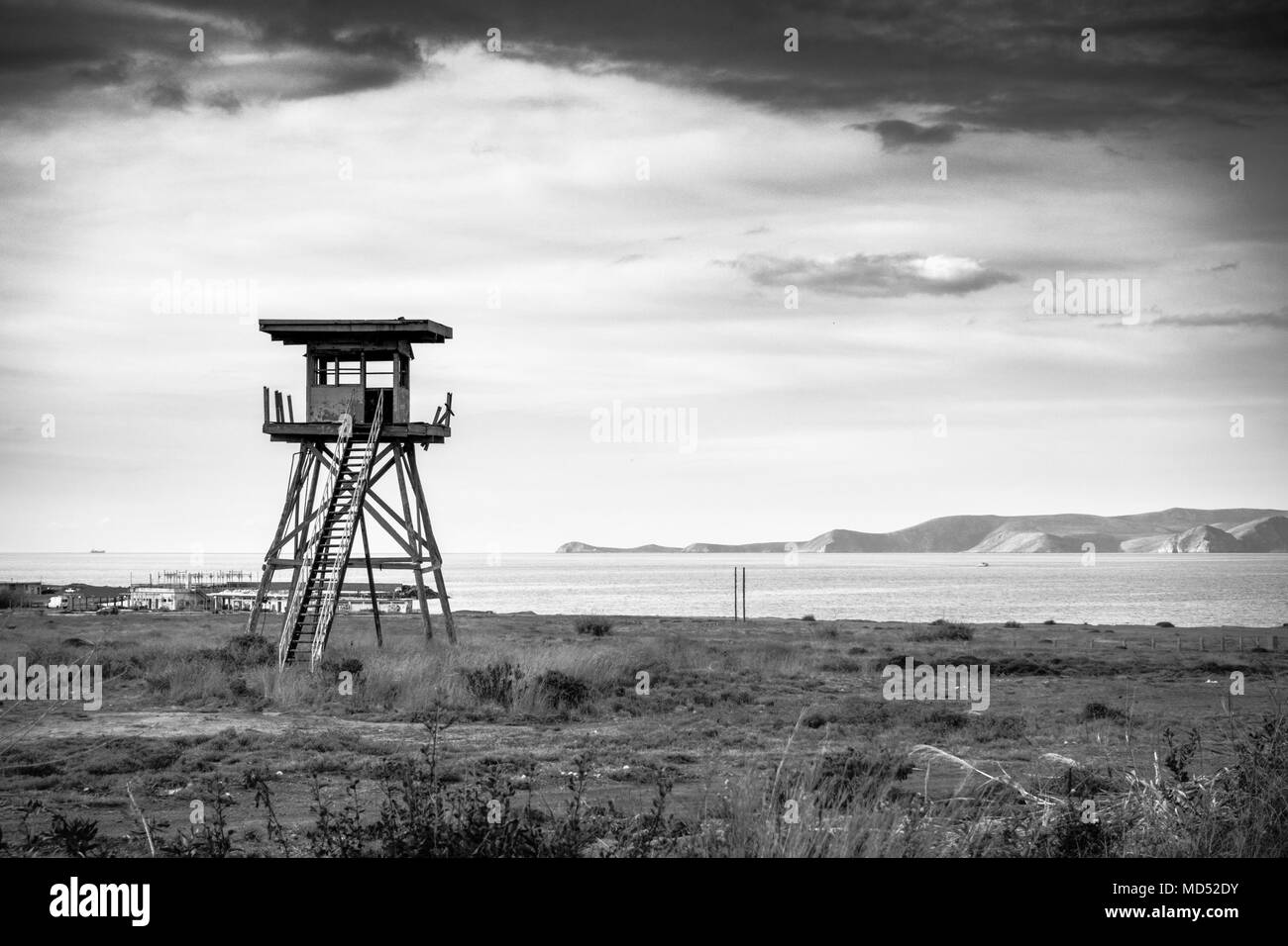 View of lifeguard hut with sea at backdrop, Greece Stock Photo