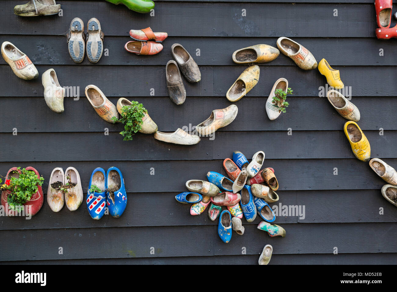 Klompen on a house wall, Zaanse Schans, Zaanstad, Holland, Netherlands Stock Photo