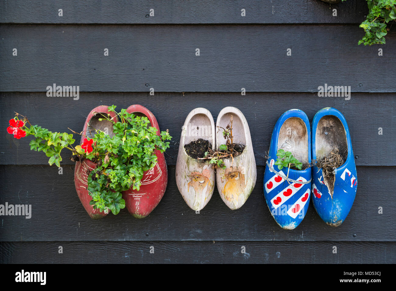 Klompen on a house wall, Zaanse Schans, Zaanstad, Holland, Netherlands Stock Photo