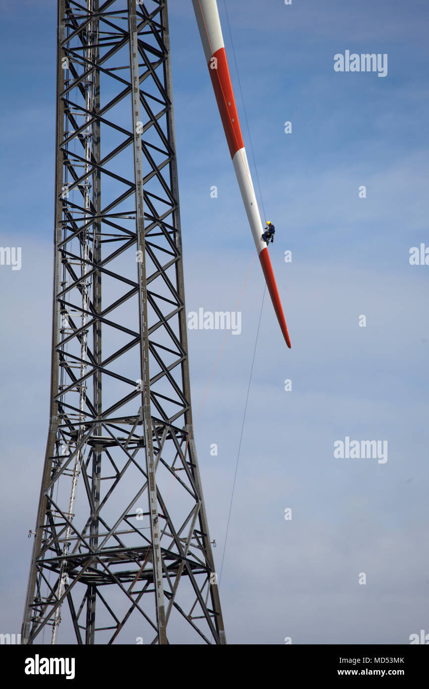 Assembly worker, inspecting, wind turbine, rotor testing Stock Photo