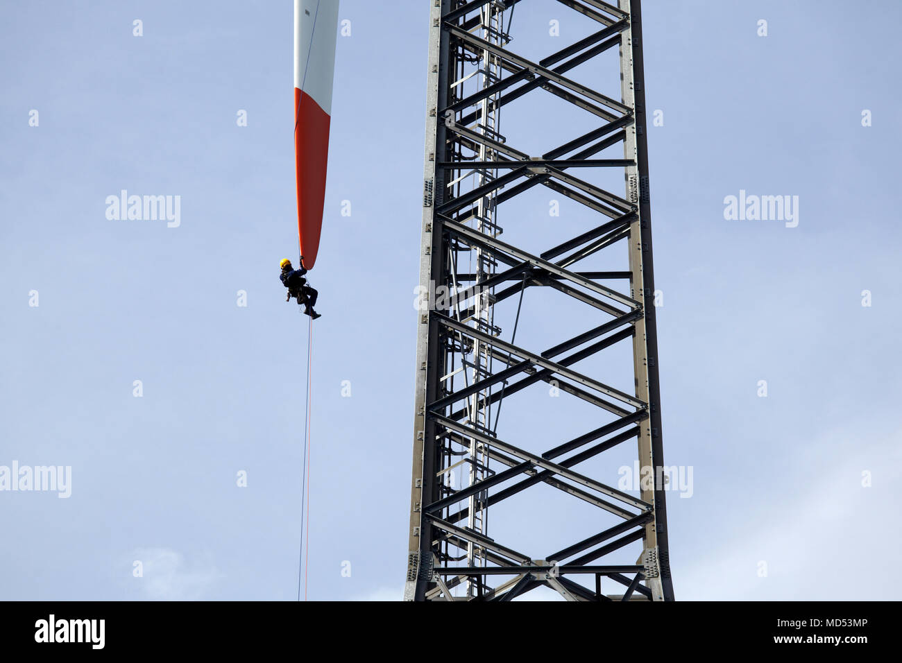 Assembly worker, inspecting, wind turbine, rotor testing Stock Photo