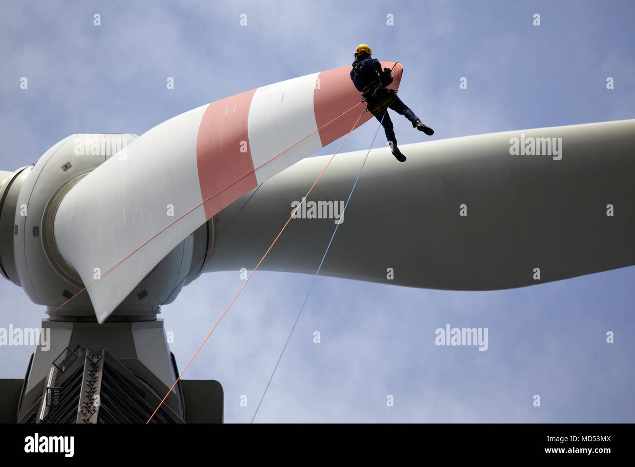 Assembly worker, inspecting, wind turbine, rotor testing Stock Photo