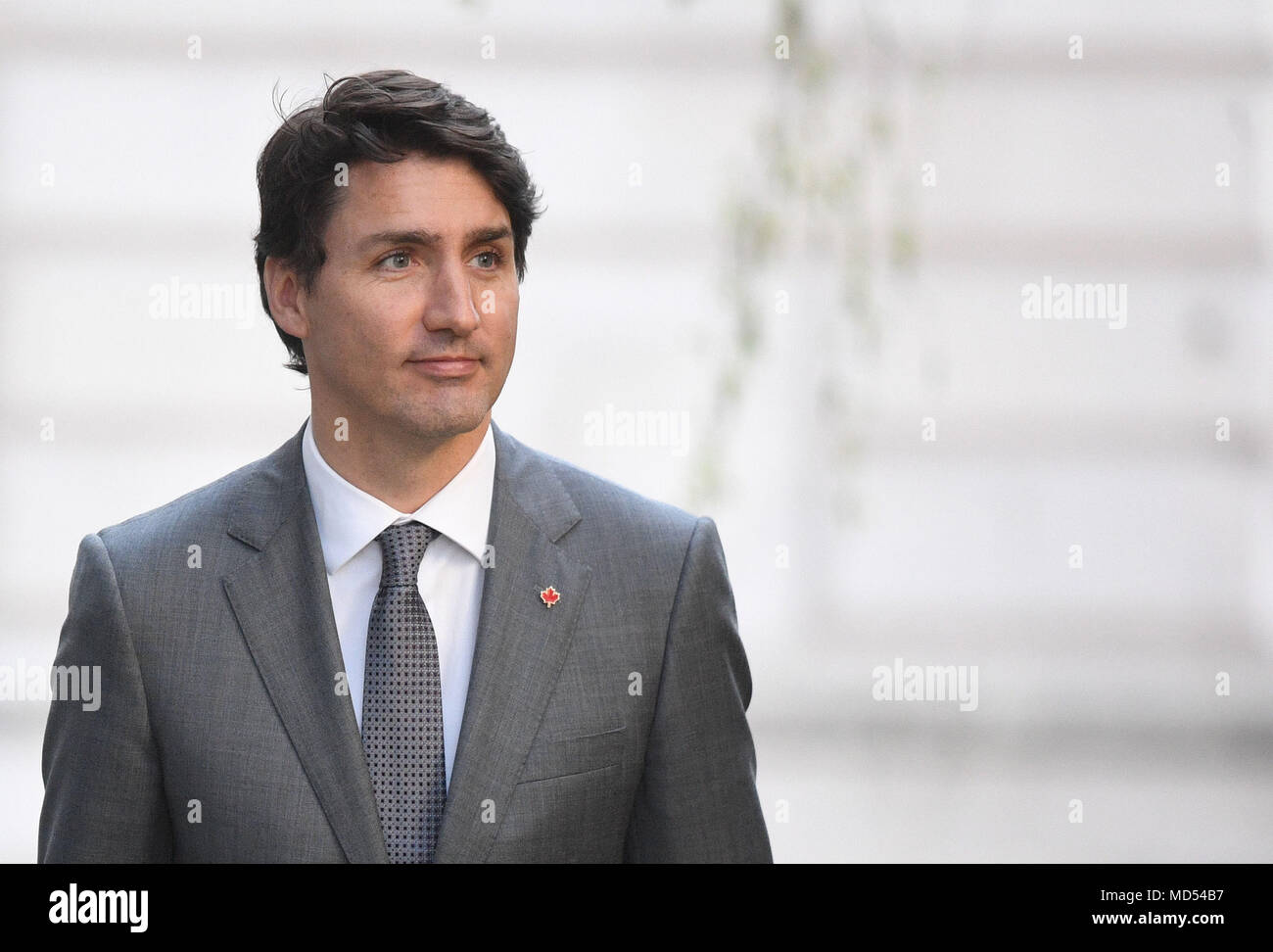 Canadian Prime Minister Justin Trudeau, as he arrives in Downing Street, London, ahead of bilateral talks with Prime Minister Theresa May during the Commonwealth Heads of Government Meeting. Stock Photo