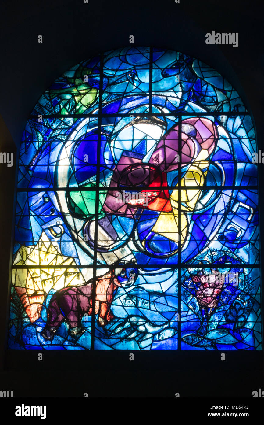 Stained Glass by Chagall representing the Tribe of Benjamin at Hadassah Hospital in Jerusalem Stock Photo