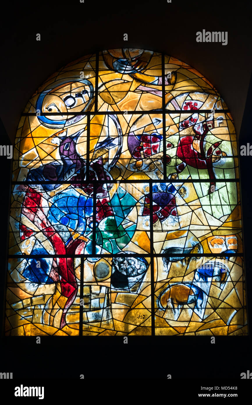 Stained Glass by Chagall representing the Tribe of Joseph at Hadassah Hospital in Jerusalem Stock Photo