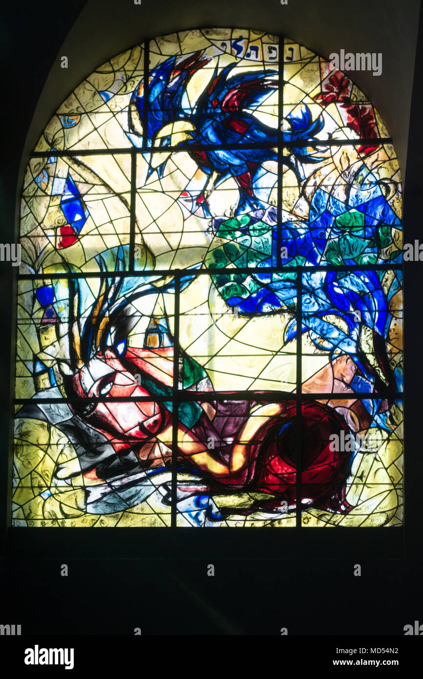 Stained Glass by Chagall representing the Tribe of Naphtali at Hadassah Hospital in Jerusalem Stock Photo