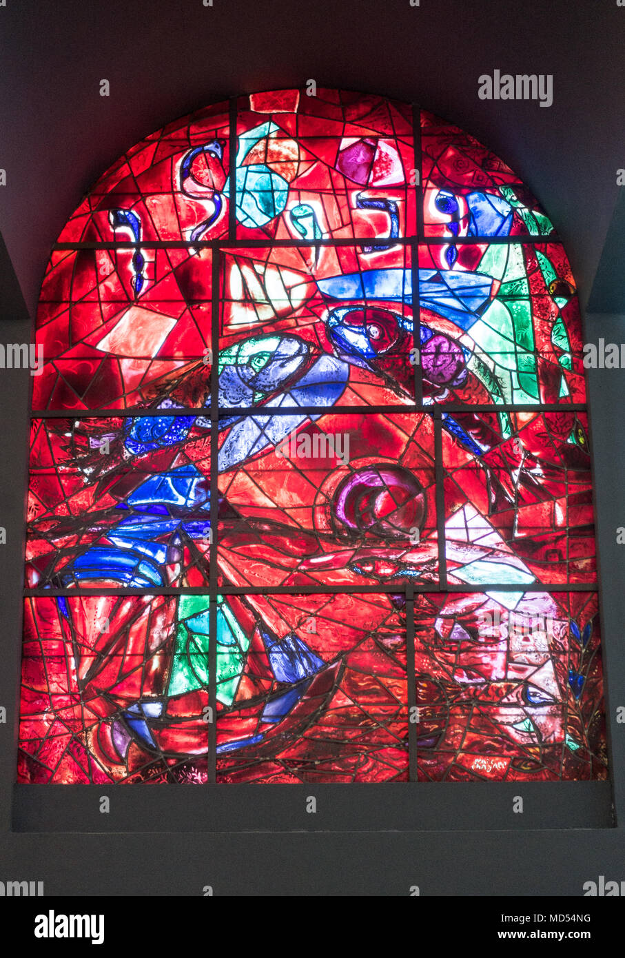 Stained Glass by Chagall representing the Tribe of Zebulun at Hadassah Hospital in Jerusalem Stock Photo