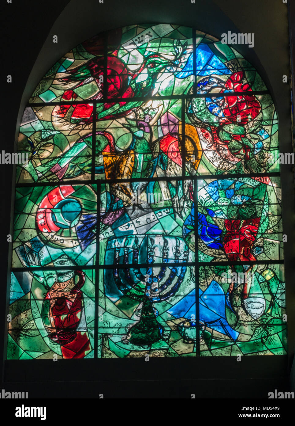 Stained Glass by Chagall representing the Tribe of Asher at Hadassah Hospital in Jerusalem Stock Photo