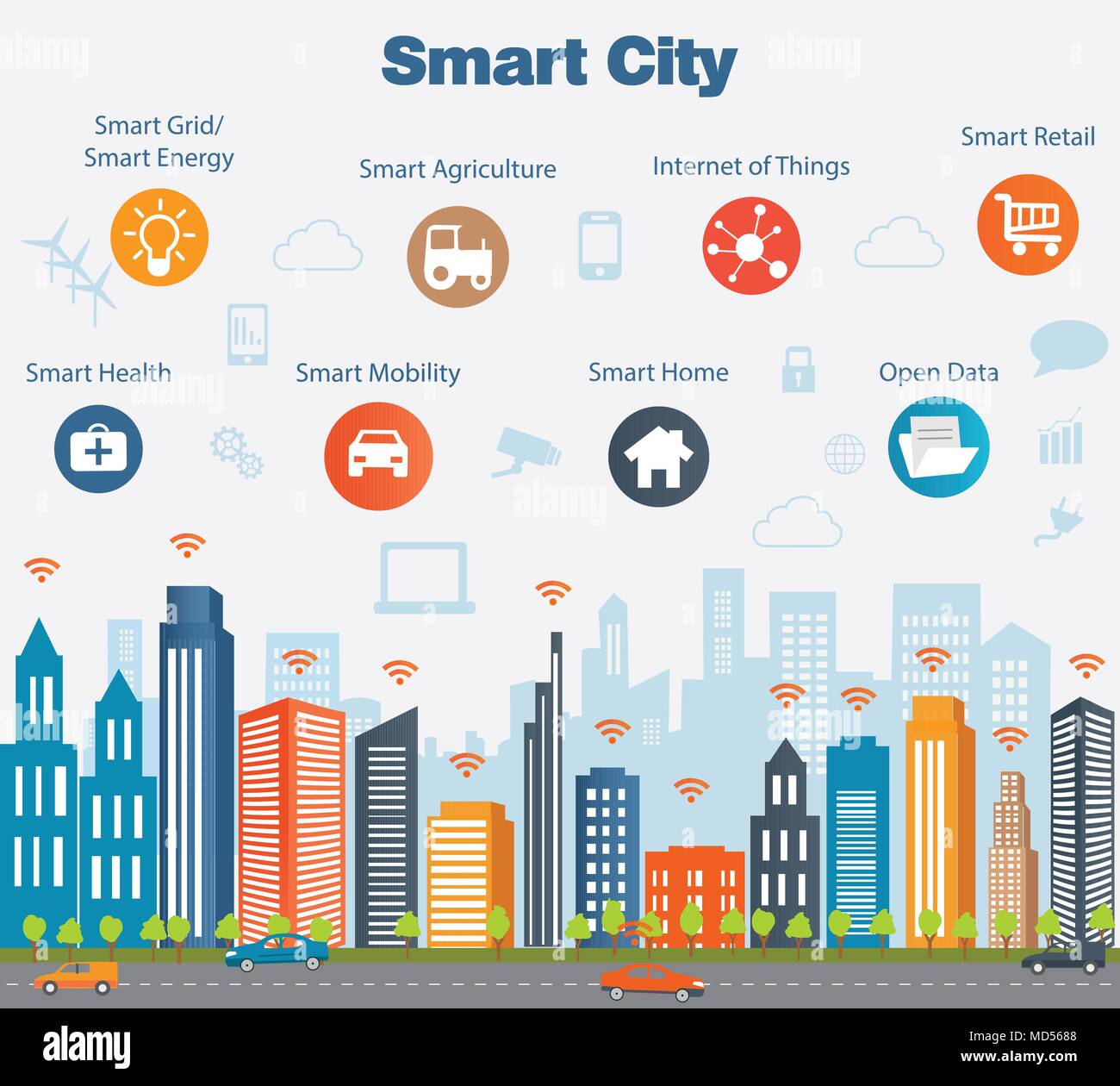 Smart city concept with different icon and elements. Modern city design with  future technology for living. Illustration of innovations and Internet o Stock Vector