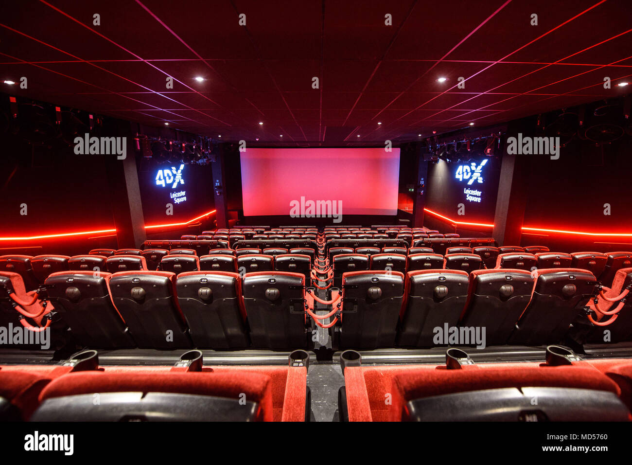 General view of the refurbishment of the Cineworld Leicester Square cinema in London. The new-look cinema includes a 4DX screen, which features moving seats, rain, snow, fog and scents to to enchance moviegoers' experience. Stock Photo