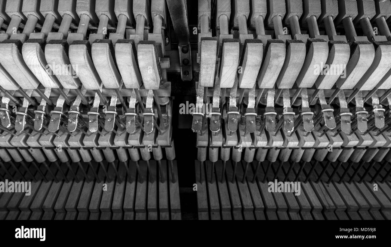 Piano interior mechanisms cose up Stock Photo