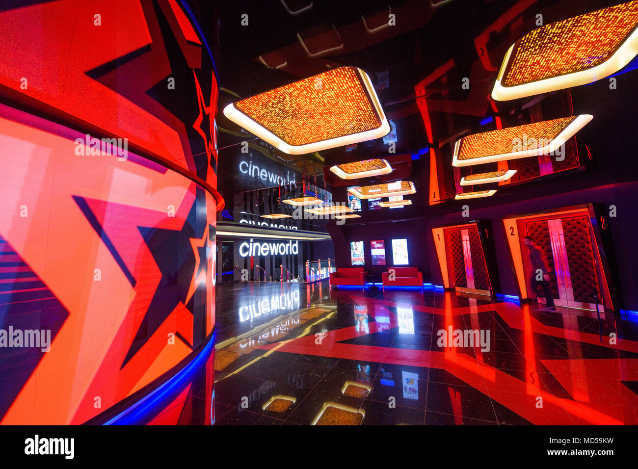 General view of the refurbishment of the Cineworld Leicester Square cinema in London. The new-look cinema includes a 4DX screen, which features moving seats, rain, snow, fog and scents to to enchance moviegoers' experience. PRESS ASSOCIATION Photo. Picture date: Wednesdayl 18, 2018. Photo credit should read: Matt Crossick/PA Wire Stock Photo