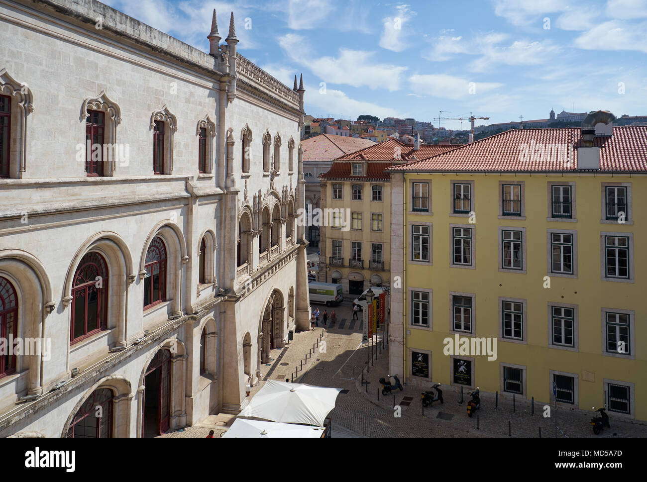 LISBON, PORTUGAL - JUNE 25, 2016:  Largo do Duque de Cadaval street as seen from the entrance to the Rossio train station. Lisbon. Portugal Stock Photo