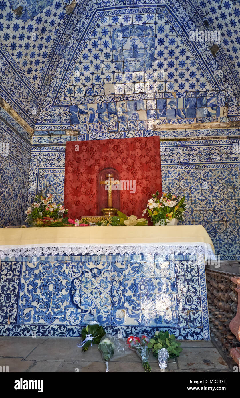 NAZARE, PORTUGAL - JUNE 26, 2016: The interior of the Memory Chapel (Ermida da Memoria) covered with azulejo tiles. The church was built to commemorat Stock Photo