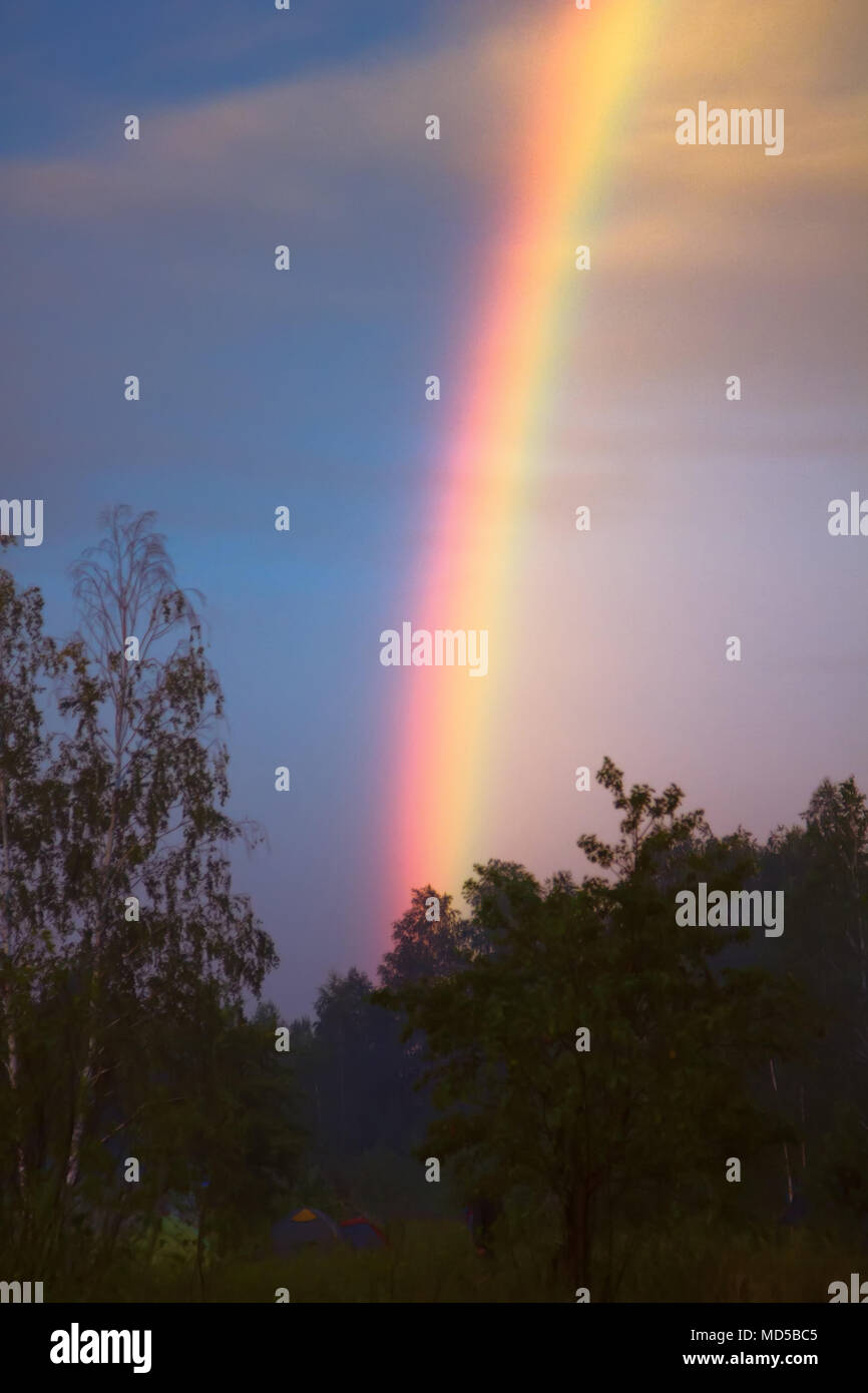 Double rainbow over forest, primary rainbow, second-order rainbow, bright picture, rainbow palette. Atmospheric phenomenon, optical phenomenon, weathe Stock Photo