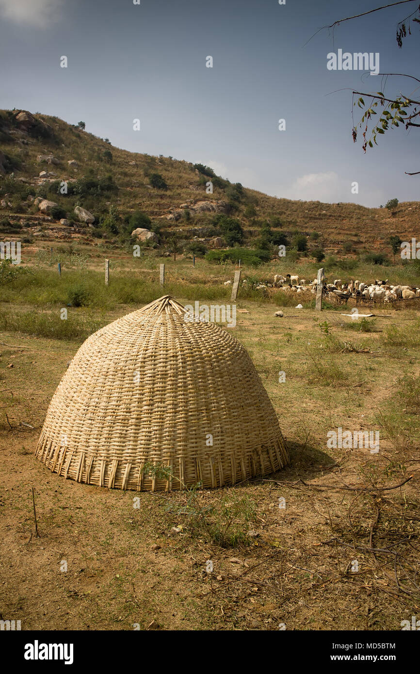 Indian shepherd hut (pandal) weave of straw or bamboo, shelter of straw, shelter of straw,on the background of the flock Stock Photo