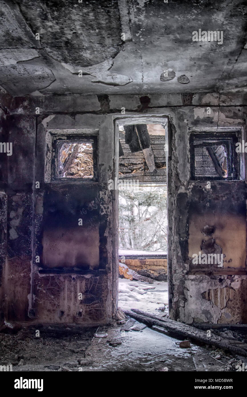 Abandoned people home (terrible interior). Attractiveness and awfulness of abandoned buildings (ghost town, forsaken house) for urban culture and succ Stock Photo