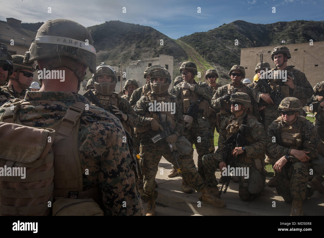 U.S. Marines with 3rd Battalion, 4th Marine Regiment, 1st Marine Division test Step In Visor and Low Profile Mandible during Urban Advanced Naval Technology Exercise 2018 (ANTX-18) at Marine Corps Base Camp Pendleton, California, March 21, 2018. The Marines have been provided the opportunity to assess the operational utility of emerging technologies and engineering innovations that improve the Marine’s survivability, lethality and connectivity in complex urban environments. (U.S. Marine Corps photo by Lance Cpl. Rhita Daniel) Stock Photo