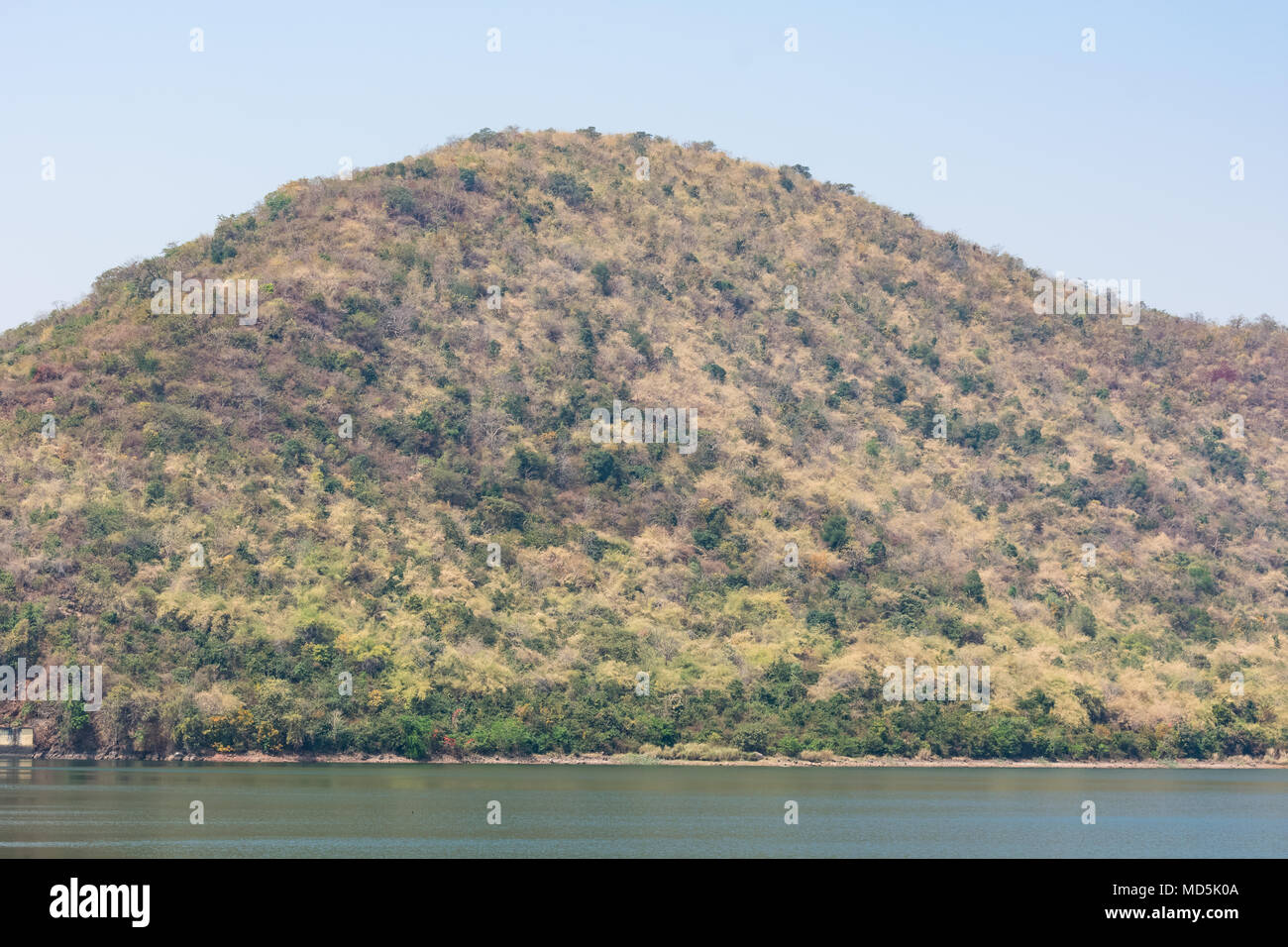 close view of mountain with beautiful water reservoir. Stock Photo