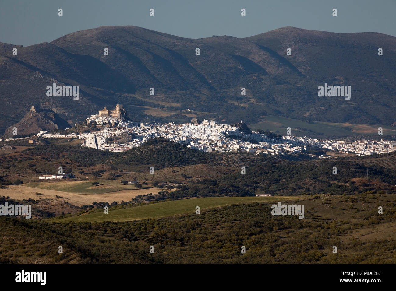 Distance view to white town of Olvera, Cadiz province, Andalucia, Spain, Europe Stock Photo