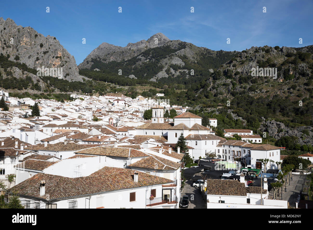 View over Andalucian white village, Grazalema, Sierra de Grazalema Natural Park, Andalucia, Spain, Europe Stock Photo