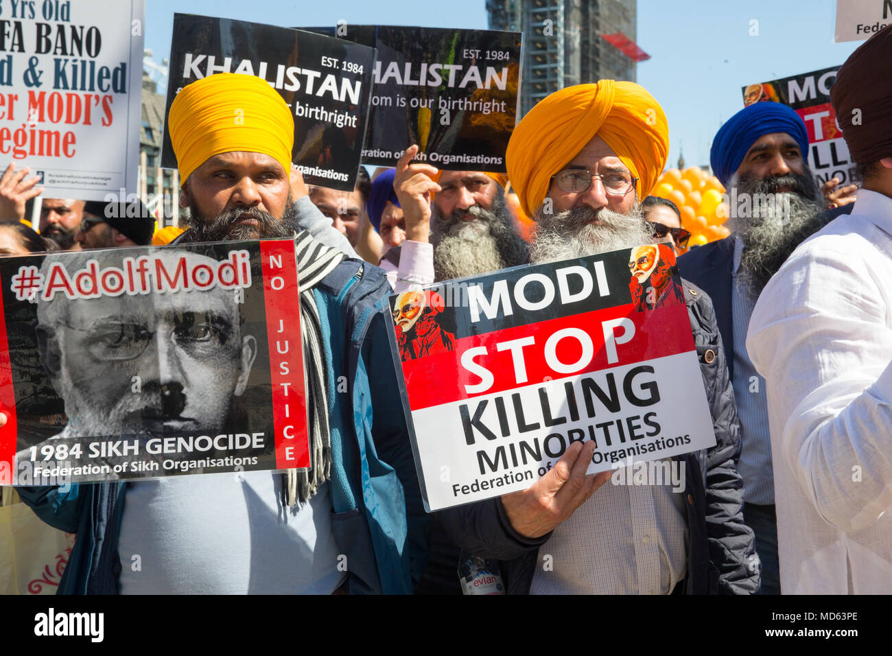 Opponents of Narendra Modi, Prime Minister of India. He was appearing at the Commonwealth Heads of Government Meeting 2018 in Westminster Stock Photo