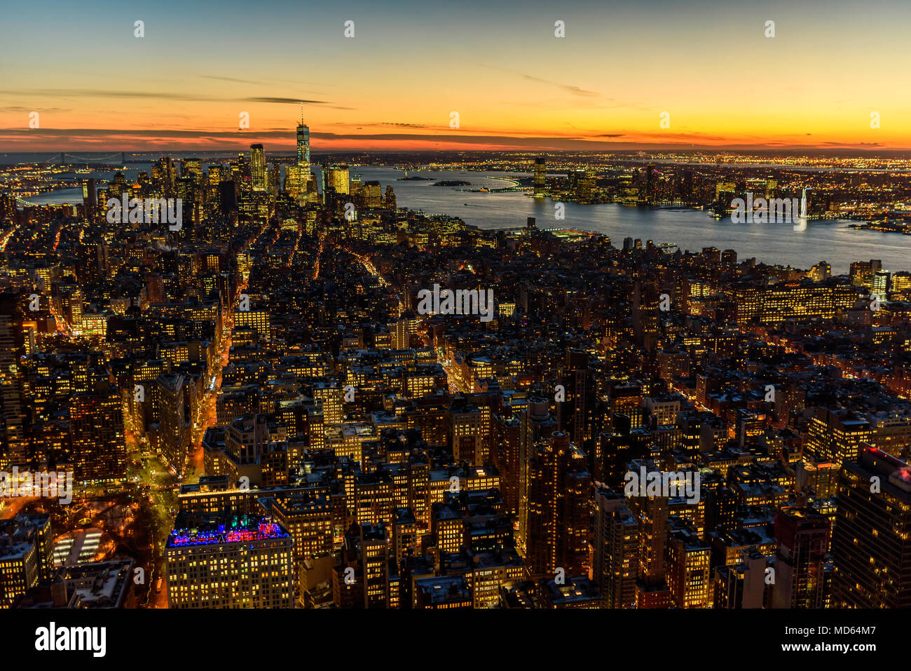 New York City - Manhattan downtown skyline skyscrapers at night and ...
