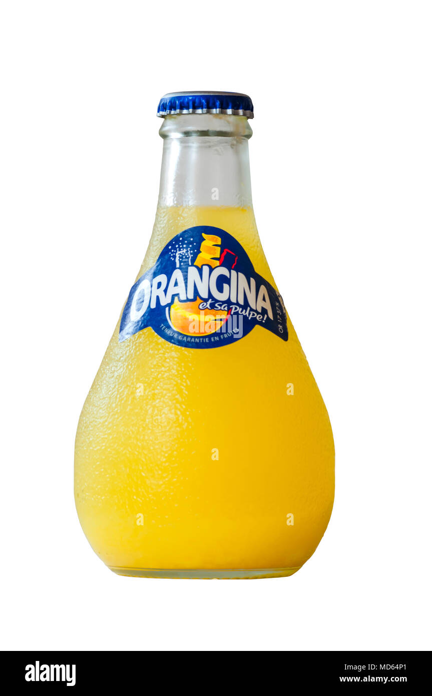 A bottle of the French orange-flavoured soft drink Orangina in distinctive pear-shaped bottle Stock Photo