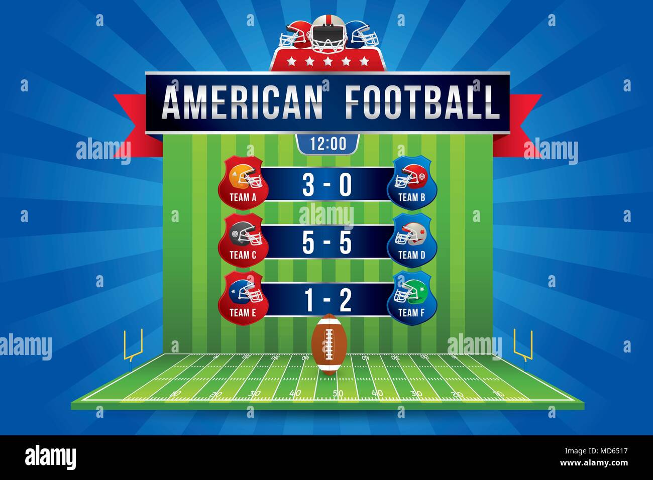 Vector of American football team with scoreboard on green field