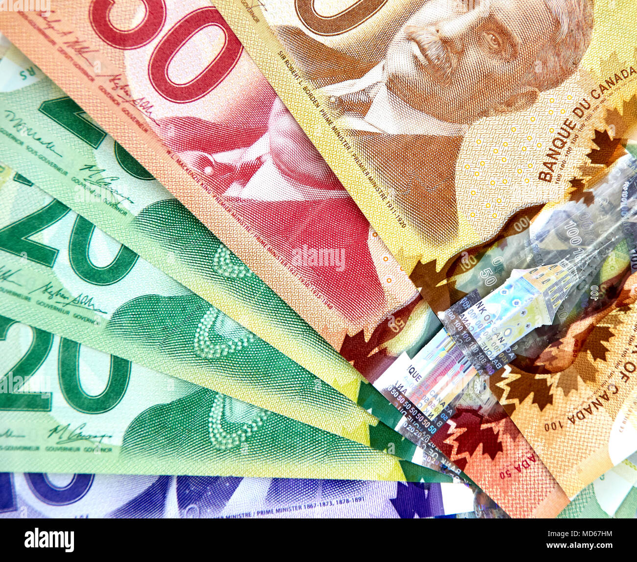 MONTREAL, CANADA - MARCH 10, 2018: Canadian bank notes, 20 and 50 dollars. Stock Photo