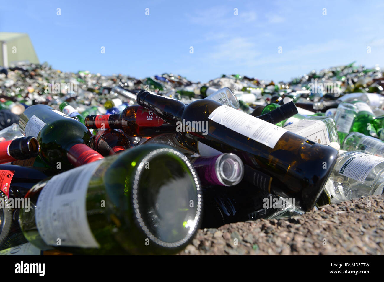 Glass recycling factory in Shetland that breaks down used bottles and jars for use in concrete slabs and sand blasting Stock Photo