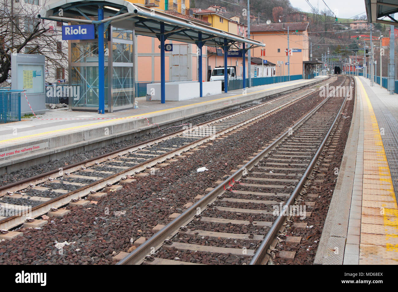 Two-acceptable railroad and station. Riola, Bologna, Emilia-Romagna, Italy Stock Photo